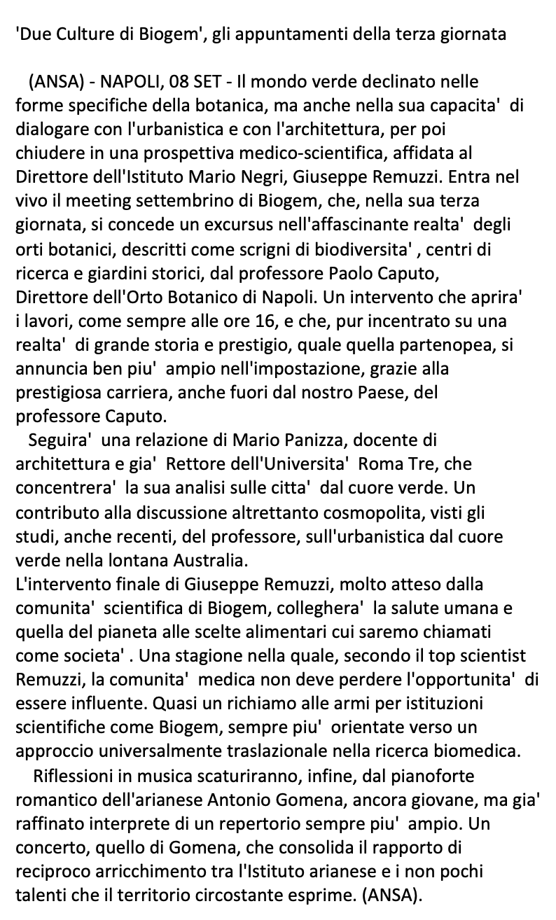 'Due Culture di Biogem', gli appuntamenti della terza giornata